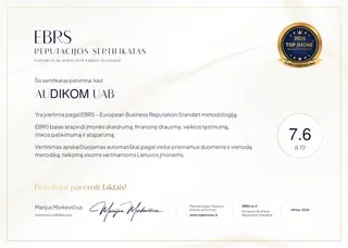 EBRS reputacijos sertifikatas 2026 (European Business Reputation Standard) — 7.6 iš 10